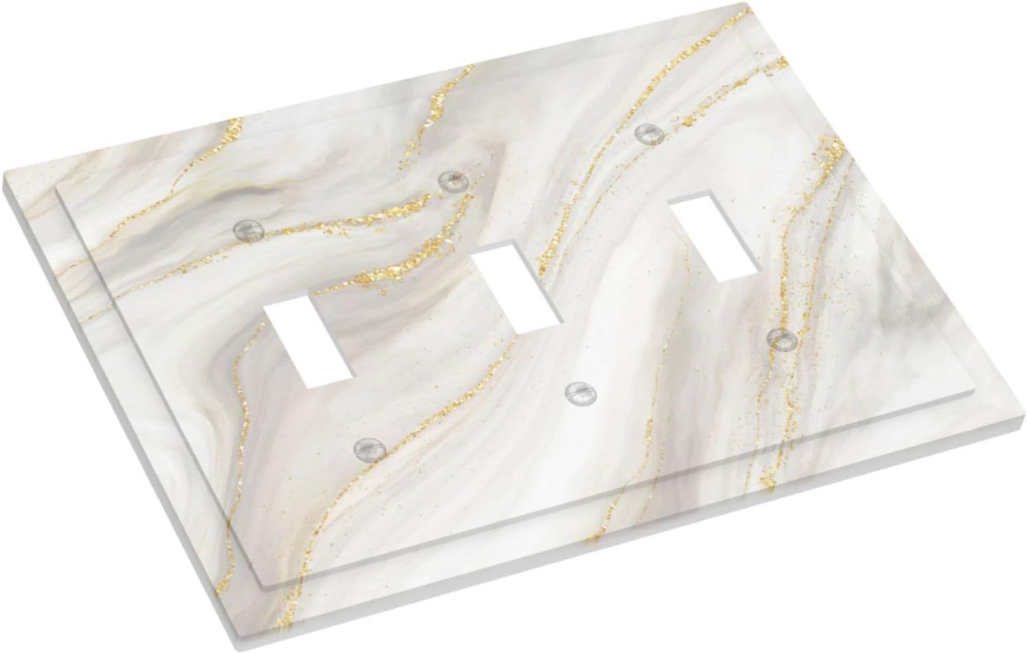 White Grey Gold Marble Simple Tiles Decorative Switch Plates 3 Gang Wall Plate Triple Toggle Light Switch Cover Faceplate Electrical Wall Panels for Bathroom Kitchen Decor