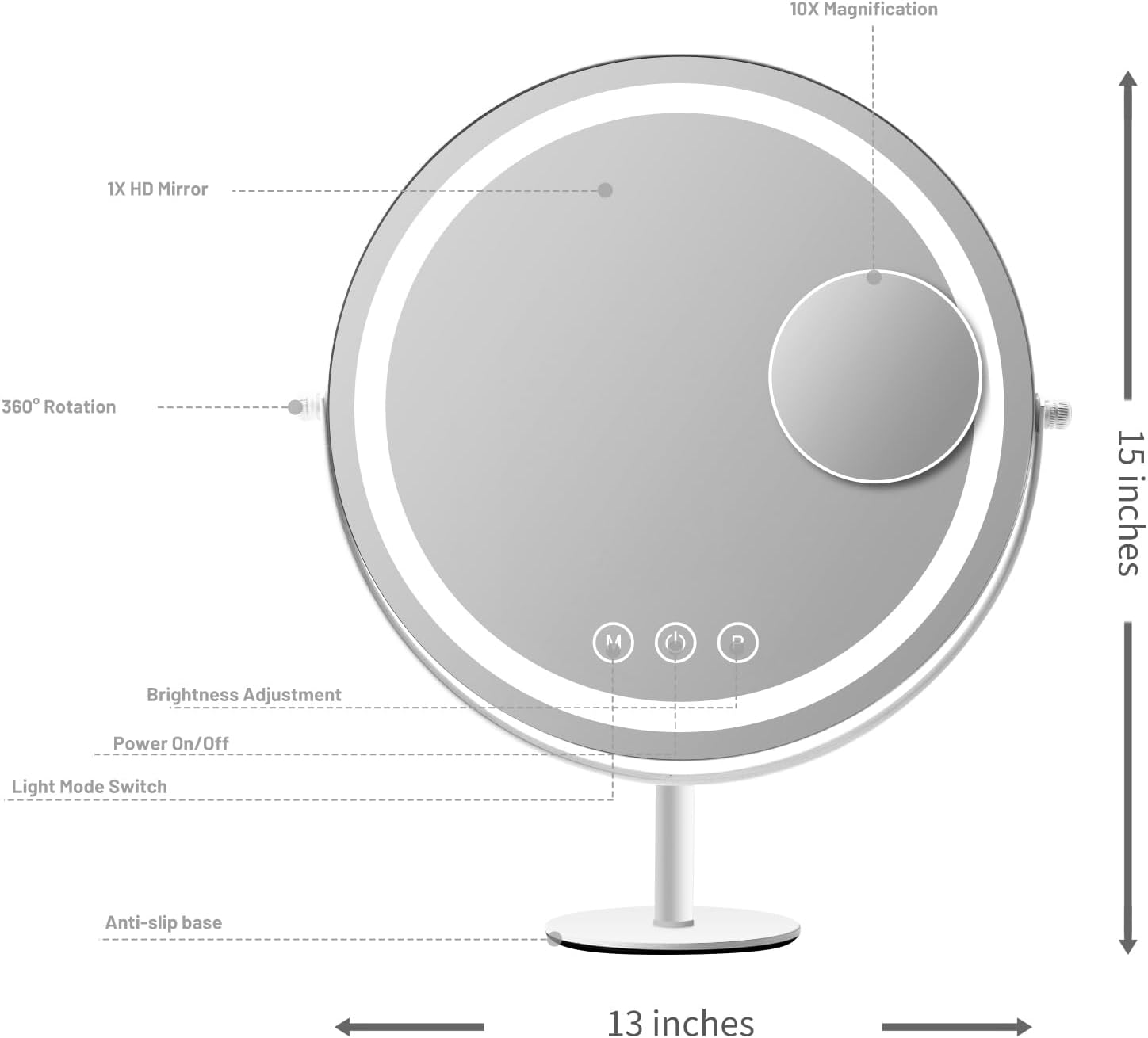 Makeup Mirror with Lights, Lighted Makeup Mirror with Magnification, 1x/10x, Large Round Vanity Mirror with Stand, 3 Color Modes, Brightness Adjustable, Smart Touch Control, 13 Inches Diameter