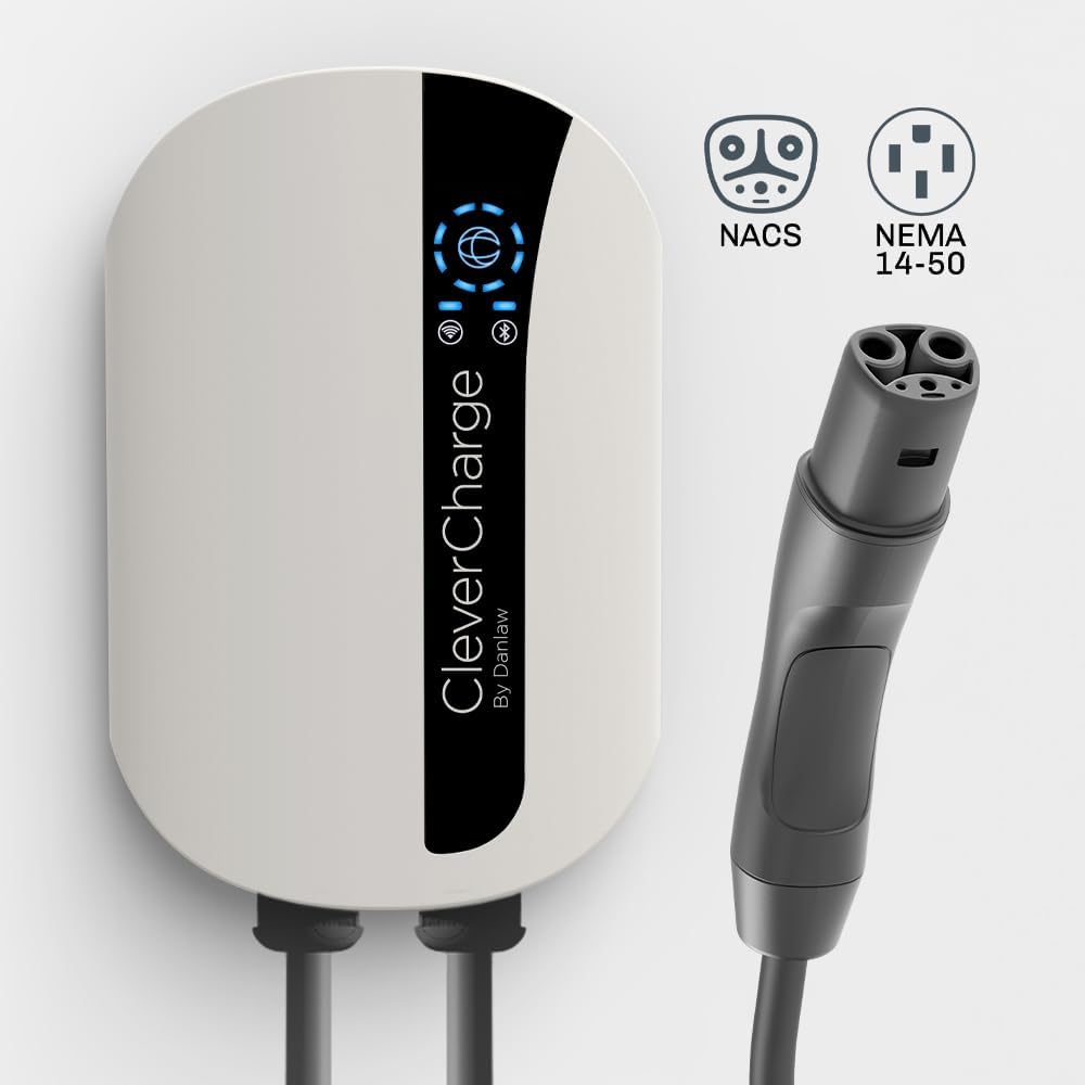 CleverCharge EV-111A Wi-Fi Enabled Level 2 EV Charger, NEMA 14-50 EVSE with NACS Connector & CleverKey AI, Up to 40A / 240V, UL/Energy Star Rated, 25ft Cable, Soft White