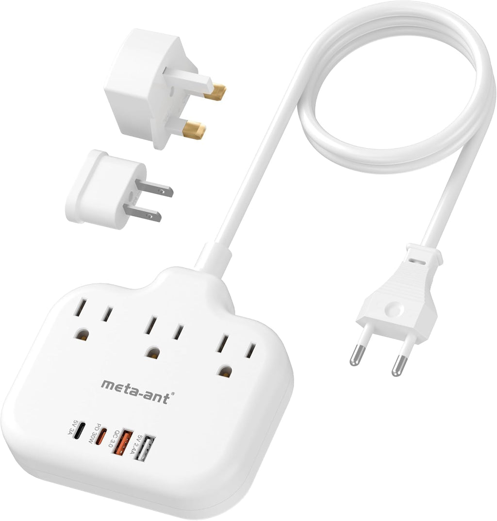 PD30W European Travel Plug Adapter, International Power Adapter with 3 Outlets 2 USB-C and 2 USB-A Fast Charger, Universal Travel Adapter with 3ft Extension Cord for EU US UK Europe France Spain