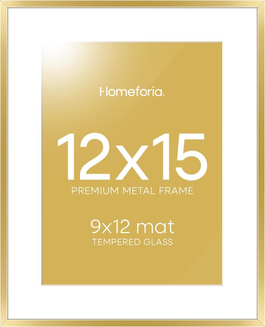 Homeforia 12x15 Picture Frame Gold, High End Metal 12x15 Poster Frames with Mat 9x12 for Photo, 12 x 15 Gold Frame Matted to 9 by 12 Print, 15x12 Thin Hanging Frame, Tempered Glass, Wall Kit, Set of 1