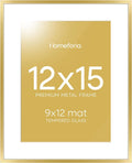 Homeforia 12x15 Picture Frame Gold, High End Metal 12x15 Poster Frames with Mat 9x12 for Photo, 12 x 15 Gold Frame Matted to 9 by 12 Print, 15x12 Thin Hanging Frame, Tempered Glass, Wall Kit, Set of 1