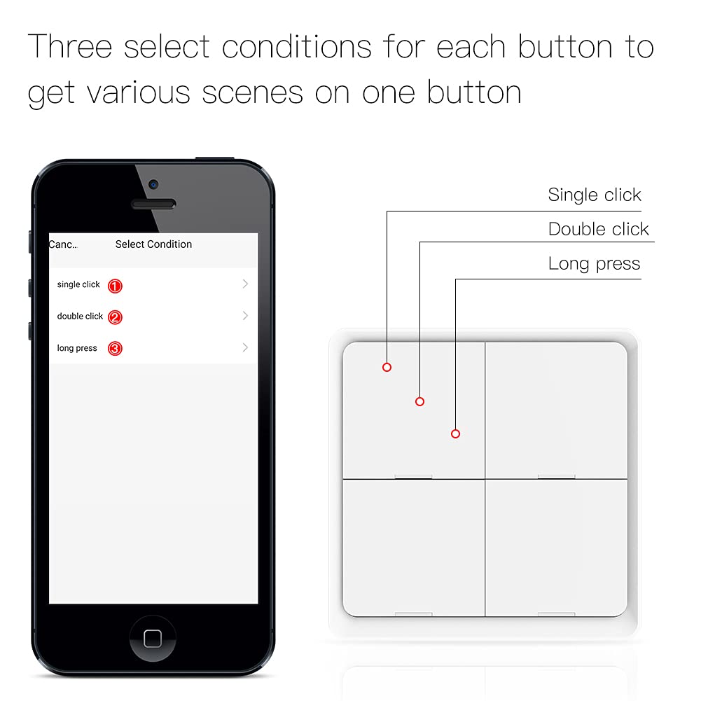 MOES Wireless Smart Scene Switch Button, Require MOES HUB, Zigbee Connection Tuya Battery Powered Included 12 Scene Controller Light Switch for Smart Home Automation 4 Gang White