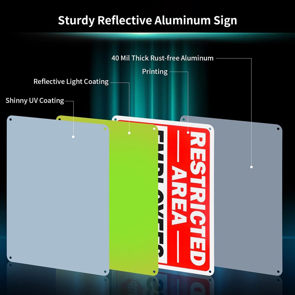 4 Pack Restricted Area Employees Only Sign, 10"x 7" .040 Rust Free Aluminum – Reflective, UV Protected and Weatherproof