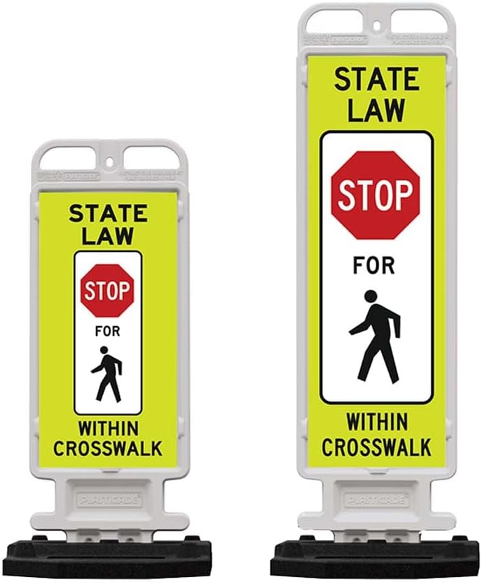 Plasticade Crosscade Crosswalk Sign, 36" Vertical Panel with 12x36 State Law Stop For Pedestrians Sign, Impact-Resistant Rubber Base, Diamond Grade Reflective Background and HIP Sheeting