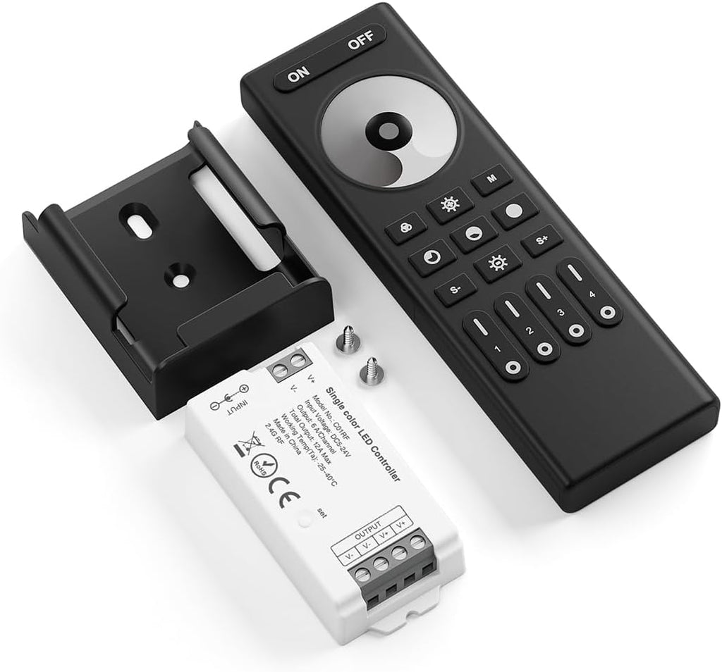 COB Single Color RF 2.4GHz Wireless Remote RC01RFB & C01RF Tuya Controller Kit, 4 Zones Group Control PWM Single Color (+V -V) 2pin LED Strip Light Controller DC5V DC12V DC24V Max 12A