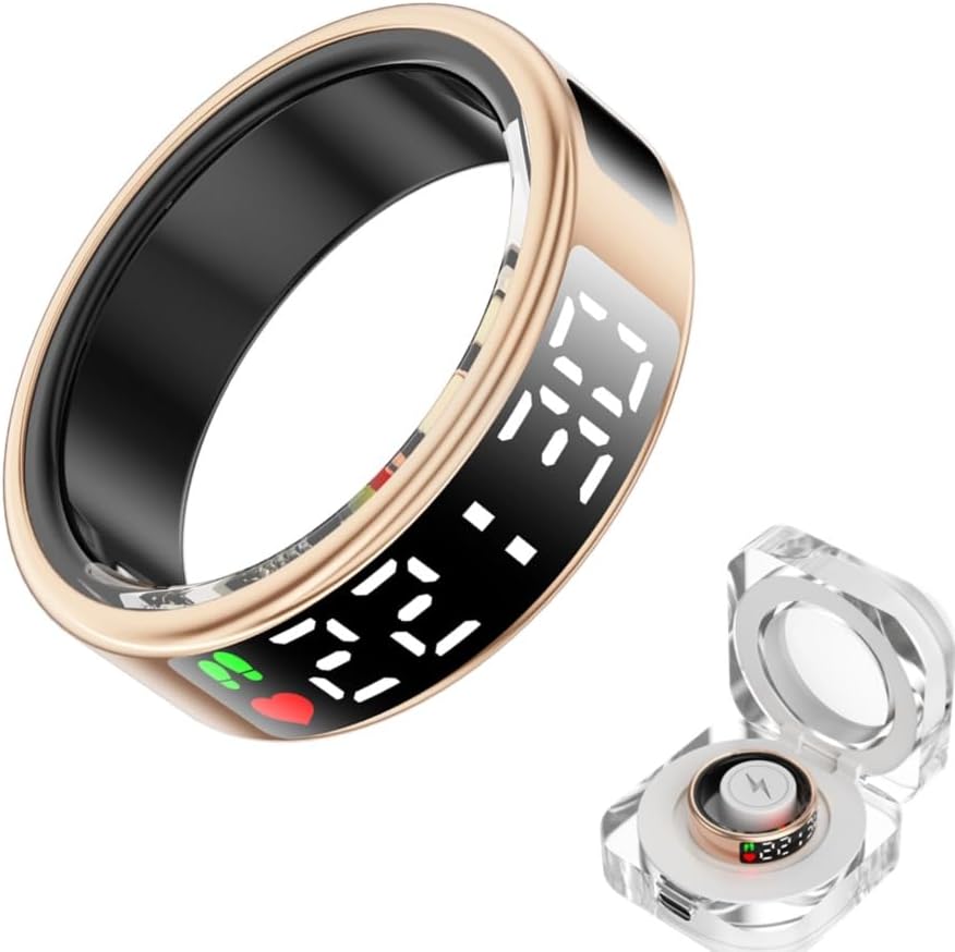 Smart Ring Health with LED Display Screen, Activity Tracker/Heart Rate/SpO2/Sleep/Step, Bluetooth Connection Smart Rings for Women Men, IP68 Waterproof Smart Ring for iPhone & Android (Gold, 9)