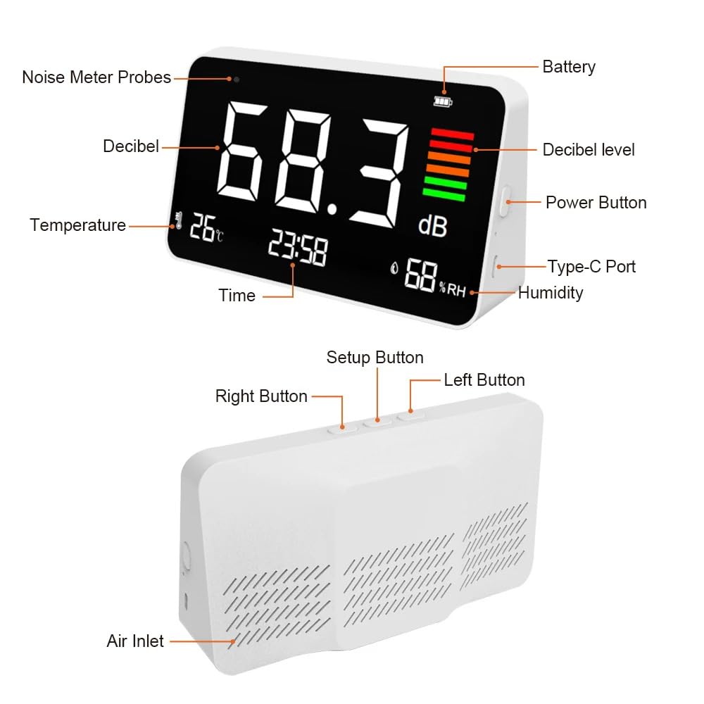 4-in-1 Decibel Meter Digital Sound Decibel Meter,Portable Sound Level Detector Rechargeable dB Noise Tester with A/C Frequency&DC Output, 3-Color Alarm, Real Time Measurement