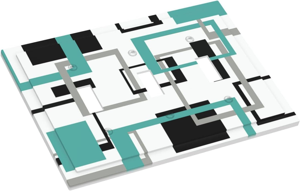 Geometric Turquoise Black Gray Modern Abstract Boho Decorative Switch Plates 3 Gang Wall Plate Triple Toggle Light Switch Cover Faceplate Electrical Wall Panels for Office Nursery Decor