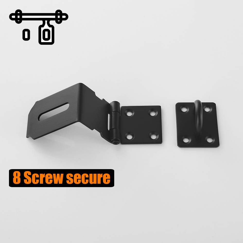 JQK Door Hasp Latch 90 Degree, Stainless Steel Safety Angle Locking Latch for Push/Sliding/Barn Door, 1.5mm Thickness Matte Black, 4 Inch, DH901-PB