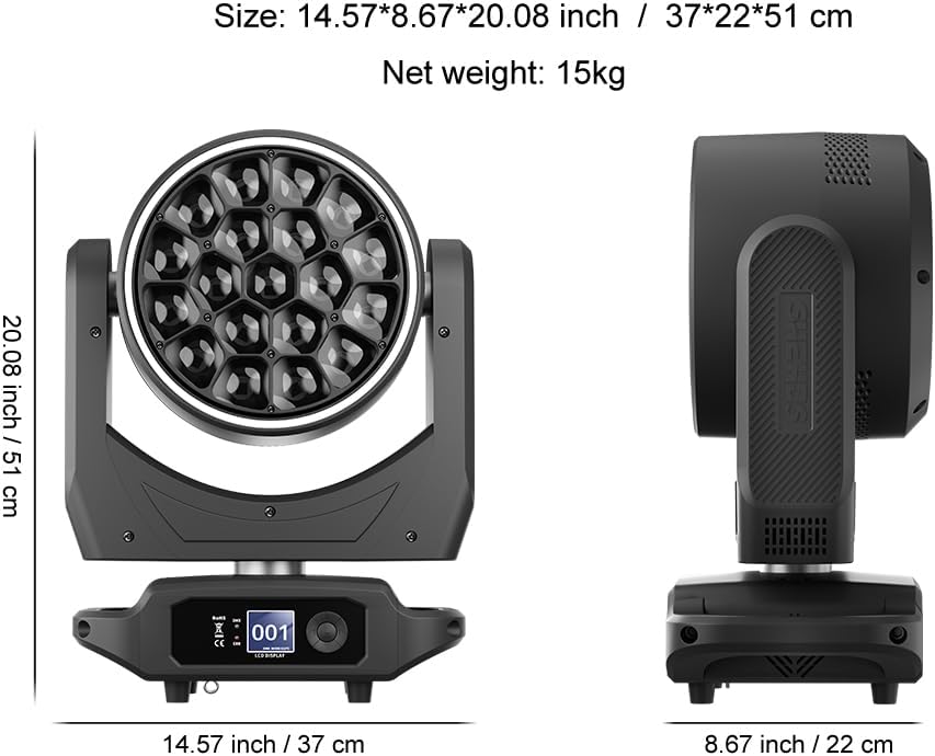 SHEHDS 19x40W LED Moving Head Light, RGBW LED Stage Light with RGB Ring Effects, with Zoom, Beam Effect, 360° Rotation, for Outdoor Concert Performance, Theater, School Show
