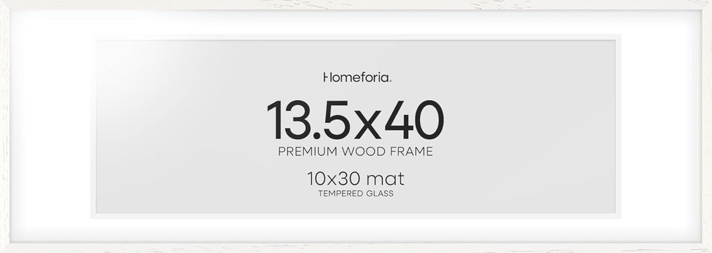 Homeforia 13.5x40 White Wood Picture Frame, High End Oak 13.5x40 Panoramic Poster Frames with Mat 10x30 Art, 13.5 x 40 Wooden Frame Matted to 10 x 30, 40x13.5 Frame, Tempered Glass, Wall Kit, Set of 1