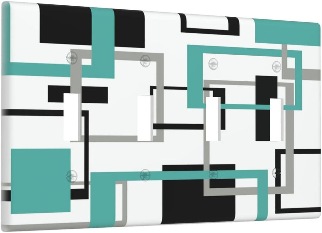 Geometric Turquoise Black Gray Modern Abstract Boho Light Switch Covers Quad Toggle Electrical Faceplate 4 Gang Wall Plate Decorative Switch Plates Cover for Office Nursery Decor
