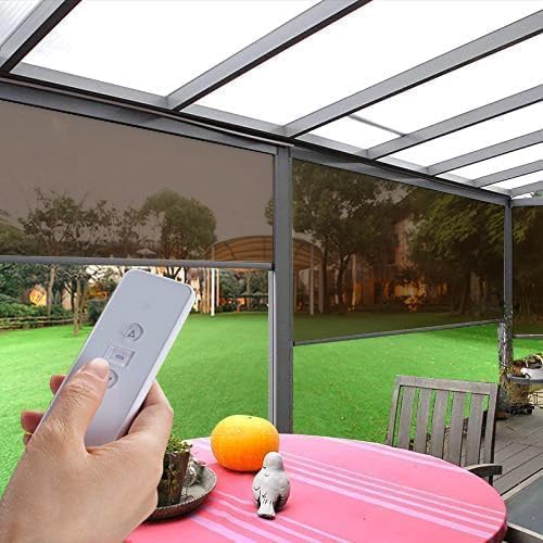 ZSHINE Hard-Wired Outdoor Snow Blocking Weatherproof Motorized Patio Roller Shades Remote Control for Porch Balcony Customized Size (30% Openness Coffee)