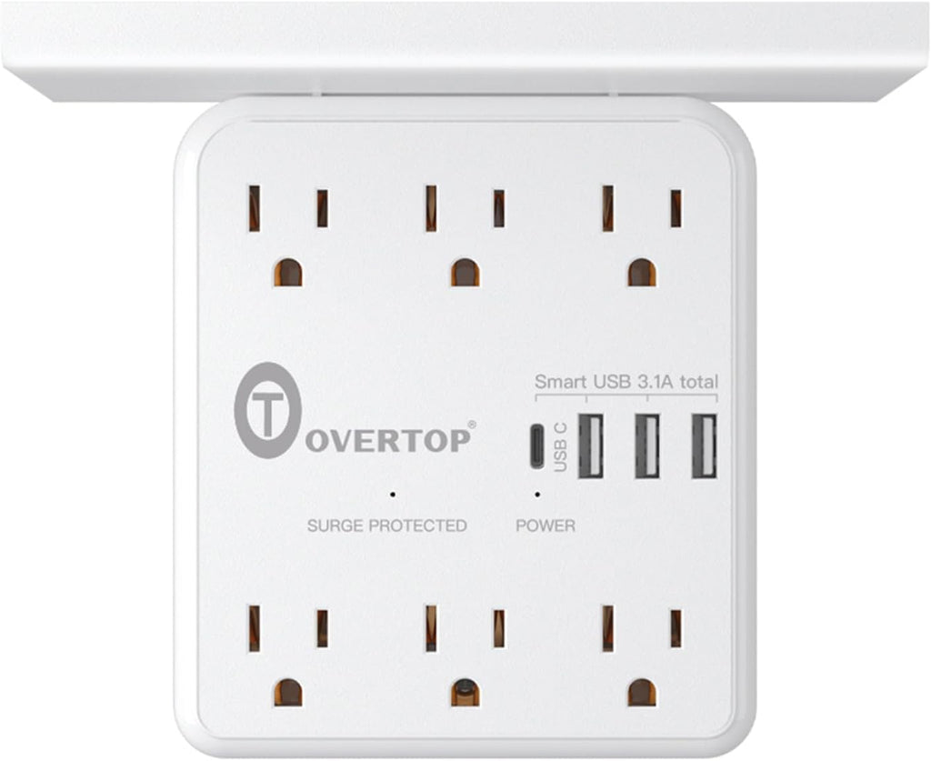 Overtop Power Charger with Shelf, Wall Outlet Extender Surge Protector with 6 AC Outlets, 4 USB Ports(1 USB C) Plug Expander Charger Shelf with Storage for Home, Dorm