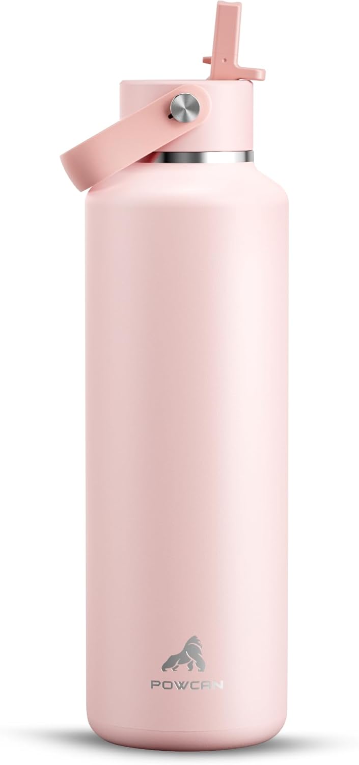 POWCAN 24 oz Water Bottle Insulated: Leakproof, Keep Cold 24H, Car Cupholder Friendly, Top Handle, Lightweight, Metal Water Bottle with Straw for Outdoors, Trip, Fitness, Gift, Running (Cotton Candy)