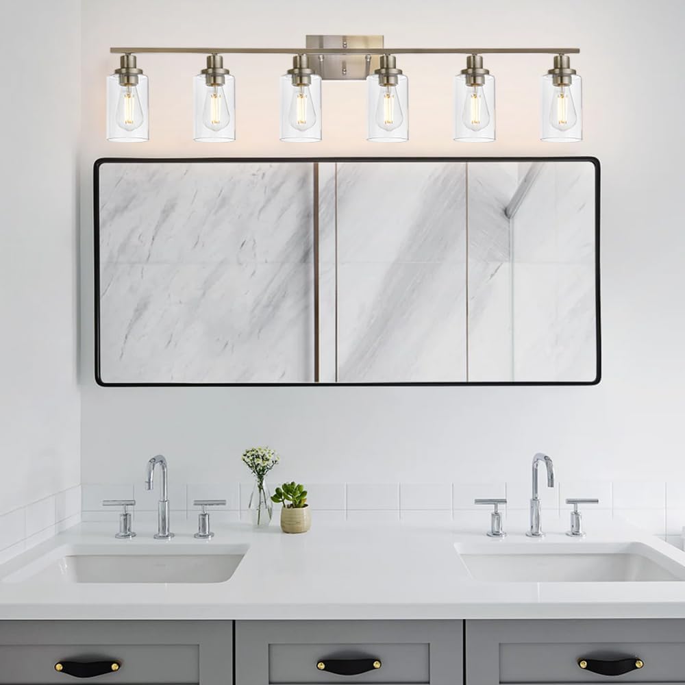 MELUCEE Modern Bathroom Vanity Light Fixtures 6-Light Brushed Nickel Contemporary Wall Light with Glass Shade for Kitchen Living Room Bedroom (Patent No.: US D963914 S)