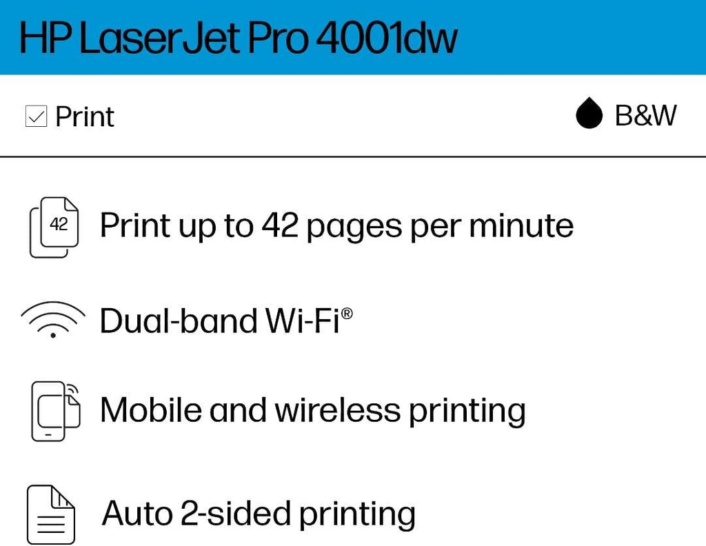 HP Laserjet Pro 4001dw Wireless Black & White Printer, Best-for-Office (2Z601F)