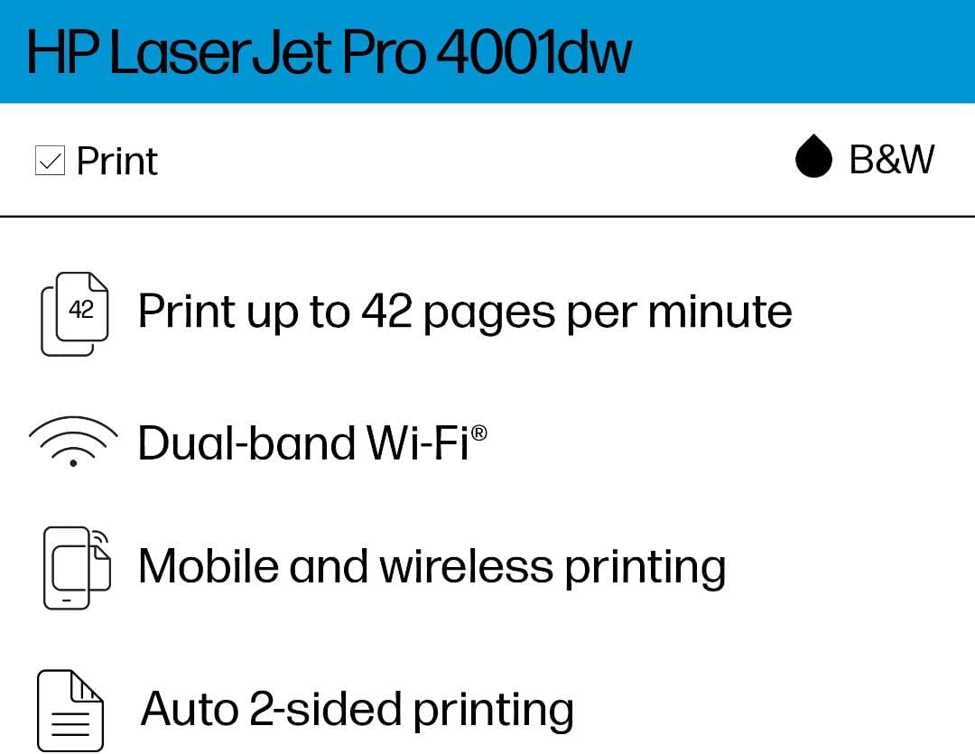HP Laserjet Pro 4001dw Wireless Black & White Printer, Best-for-Office (2Z601F)