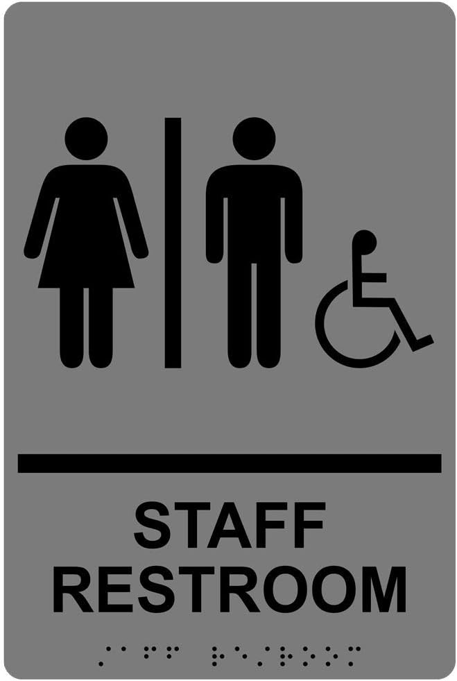 ComplianceSigns.com Staff Restroom Sign, ADA-Compliant Braille and Raised Letters, 9x6 in. Black on Gray Acrylic with Adhesive Mounting Strips