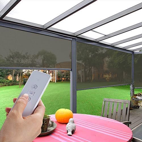 ZSHINE Hard-Wired Outdoor Snow Blocking Weatherproof Motorized Patio Roller Shades Remote Control for Porch Balcony Customized Size (Light Grey 30% Openness)