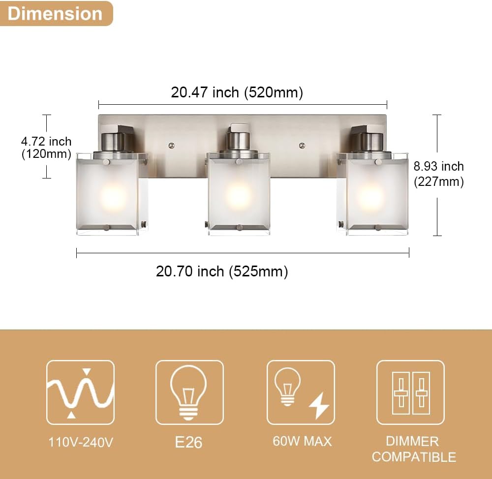 Modern 3-Lights Brushed Nickel Vanity Lights, Bathroom Light Fixture Over Mirror Wall Lighting Sconces with Frosted Glass Shades, E26 Bulb Base