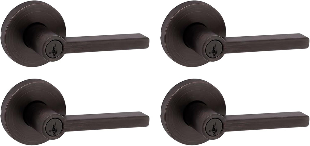 Kwikset Halifax Entry Door Handle with Lock and Key, Secure Keyed Reversible Lever Exterior, for Front Entrance and Bedrooms, Venetian Bronze, 4 Pack, Pick Resistant SmartKey Rekey Security