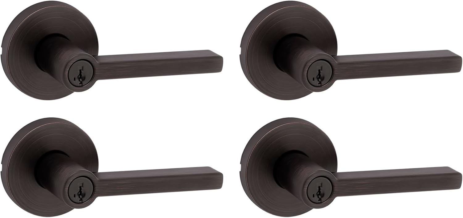 Kwikset Halifax Entry Door Handle with Lock and Key, Secure Keyed Reversible Lever Exterior, for Front Entrance and Bedrooms, Venetian Bronze, 4 Pack, Pick Resistant SmartKey Rekey Security