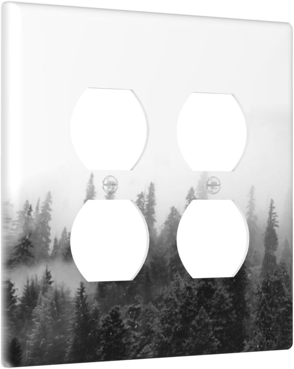Outlet Covers Fores Black White Landscape Misty Woods 2 Gang Double Duplex Decorative Light Switch Covers Electrical Wallplates Socket Faceplate For Farmhouse Cabin Decor