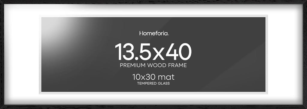 Homeforia 13.5x40 Black Wood Picture Frame, High End Oak 13.5x40 Panoramic Poster Frames with Mat 10x30 Art, 13.5 x 40 Wooden Frame Matted to 10 x 30, 40x13.5 Frame, Tempered Glass, Wall Kit, Set of 1
