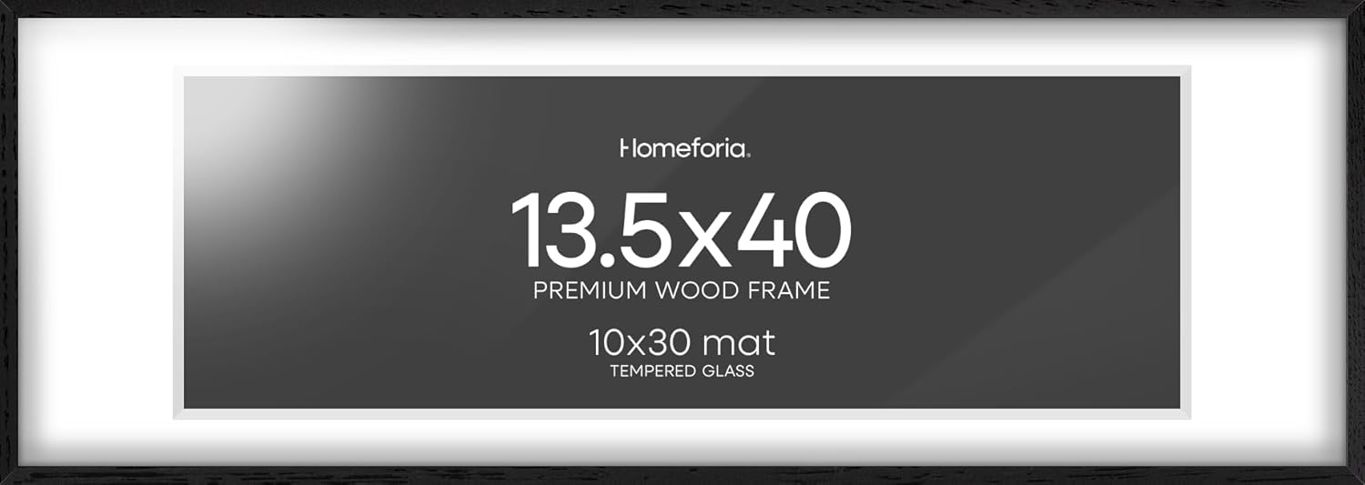Homeforia 13.5x40 Black Wood Picture Frame, High End Oak 13.5x40 Panoramic Poster Frames with Mat 10x30 Art, 13.5 x 40 Wooden Frame Matted to 10 x 30, 40x13.5 Frame, Tempered Glass, Wall Kit, Set of 1