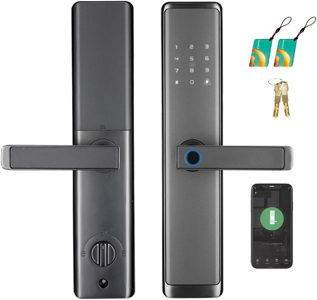 Fingerprint Door Lock with Handle - Tuya App Control & Mechanical Key Backup - 5-in-1 Keyless Entry Smart Lock - Fits 1.38-4.72inch Doors, Auto Lock & USB Emergency Power for Home, Office