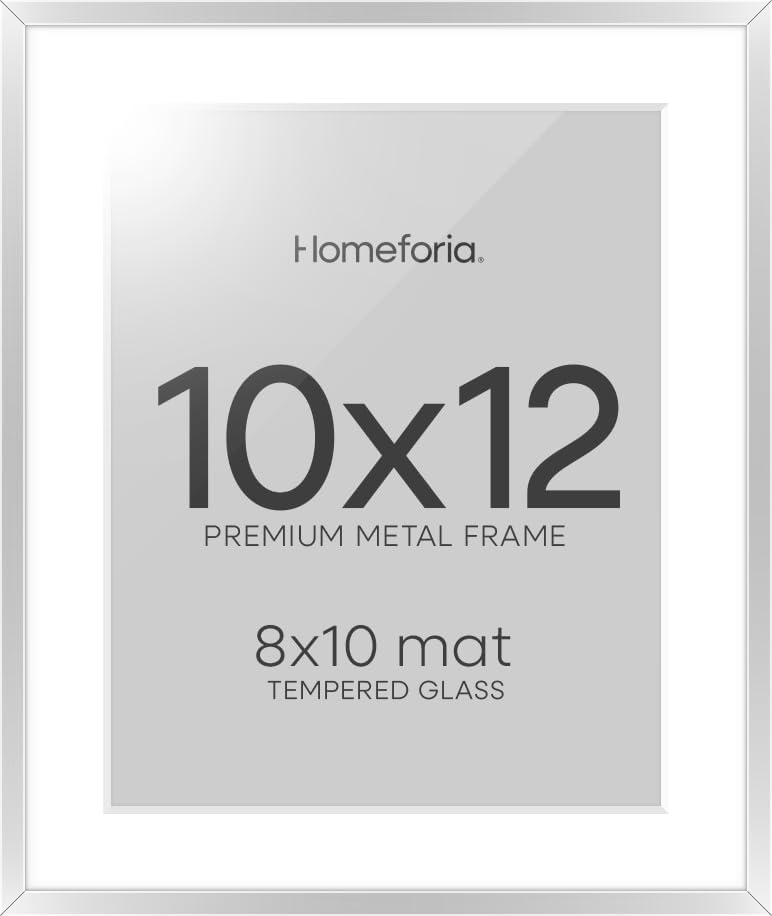 Homeforia 10x12 Picture Frame Silver, High End Metal 10x12 Frames with Mat 8x10, 10 x 12 Silver Poster Frame Matted to 8 x 10 inch Photo, 10by12 Thin Hanging Frames, Tempered Glass, Wall Kit, Set of 1