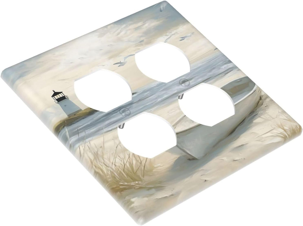 Decorative Outlet Covers Seascape Painting with Lighthouse Boats 2 Gang Wall Plate Double Duplex Receptacle Light Switch Covers Switch Plate Cover for Bedroom Home Decor