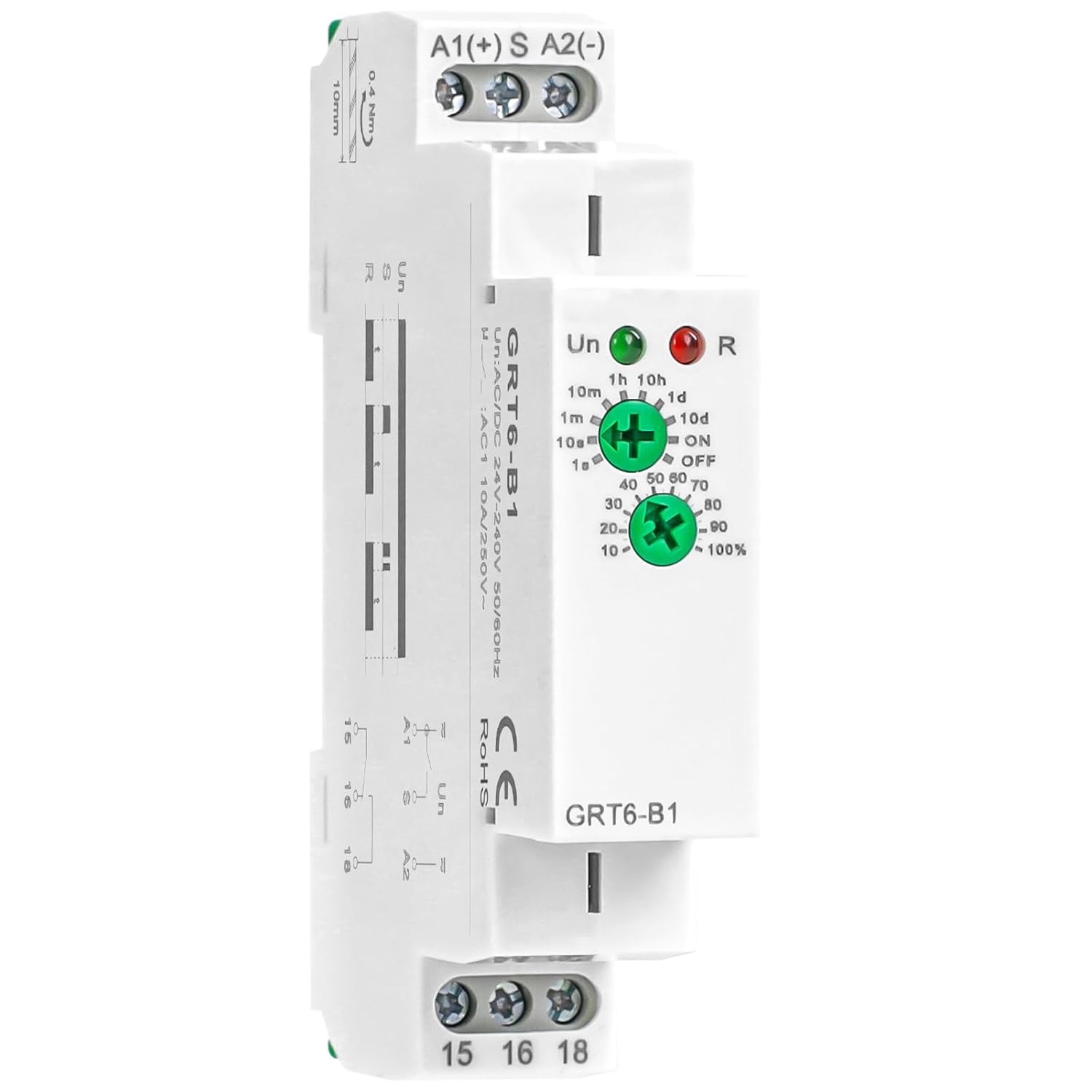 Delay Off Time Relay GRT6-B1 10A Adjustable Smart Relay, Delay Turn Off Electronic Timer in Din Rail, 0.1s-10 Days Wide Range Delay Factory Automation Time Universal Voltage AC DC 24V 240V