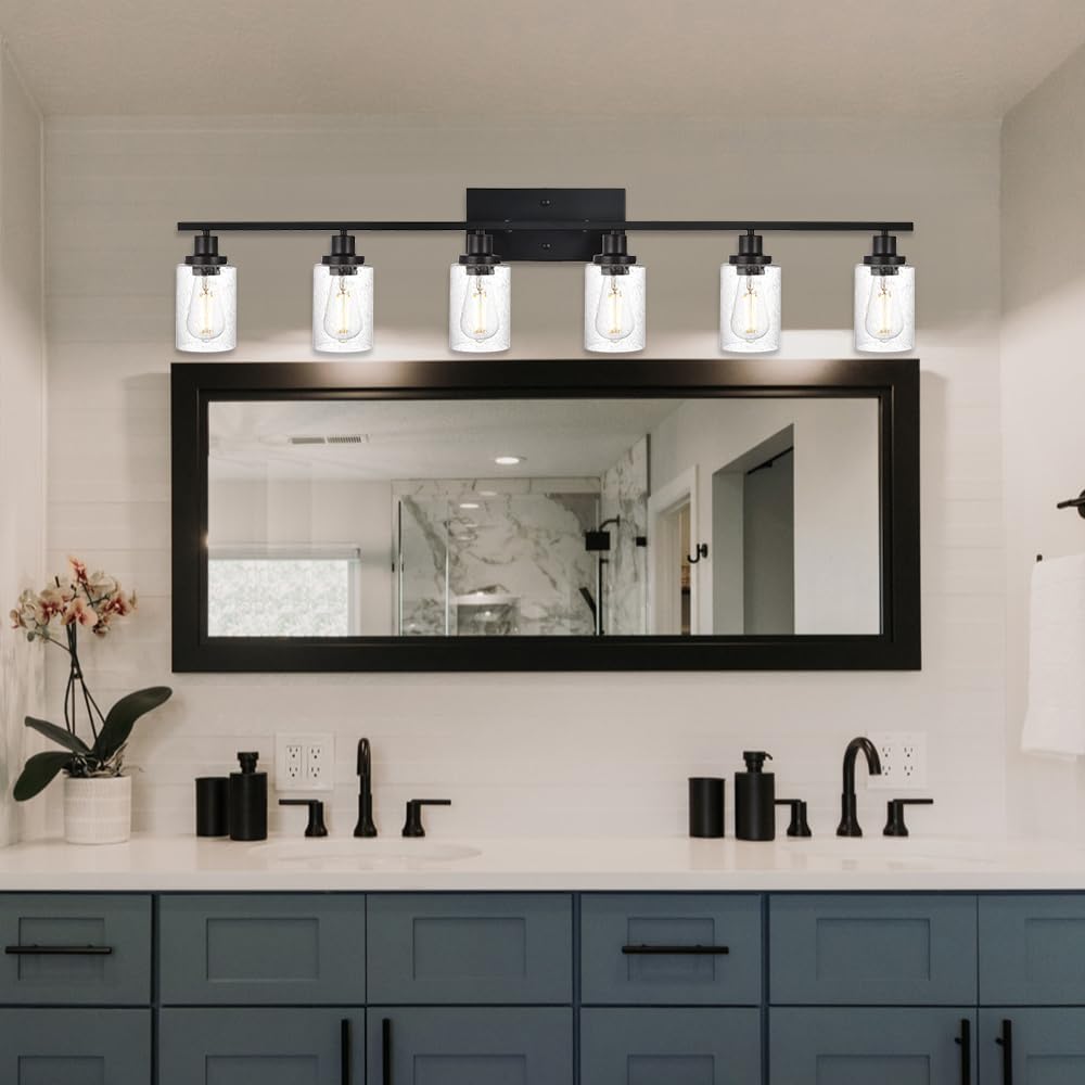 6-Light Seeded Glass Vanity Light Fixtures in Matte Black Finish, 45.3 Inches Length Modern Bathroom Wall Lighting Over Mirror Wall Mount Lights