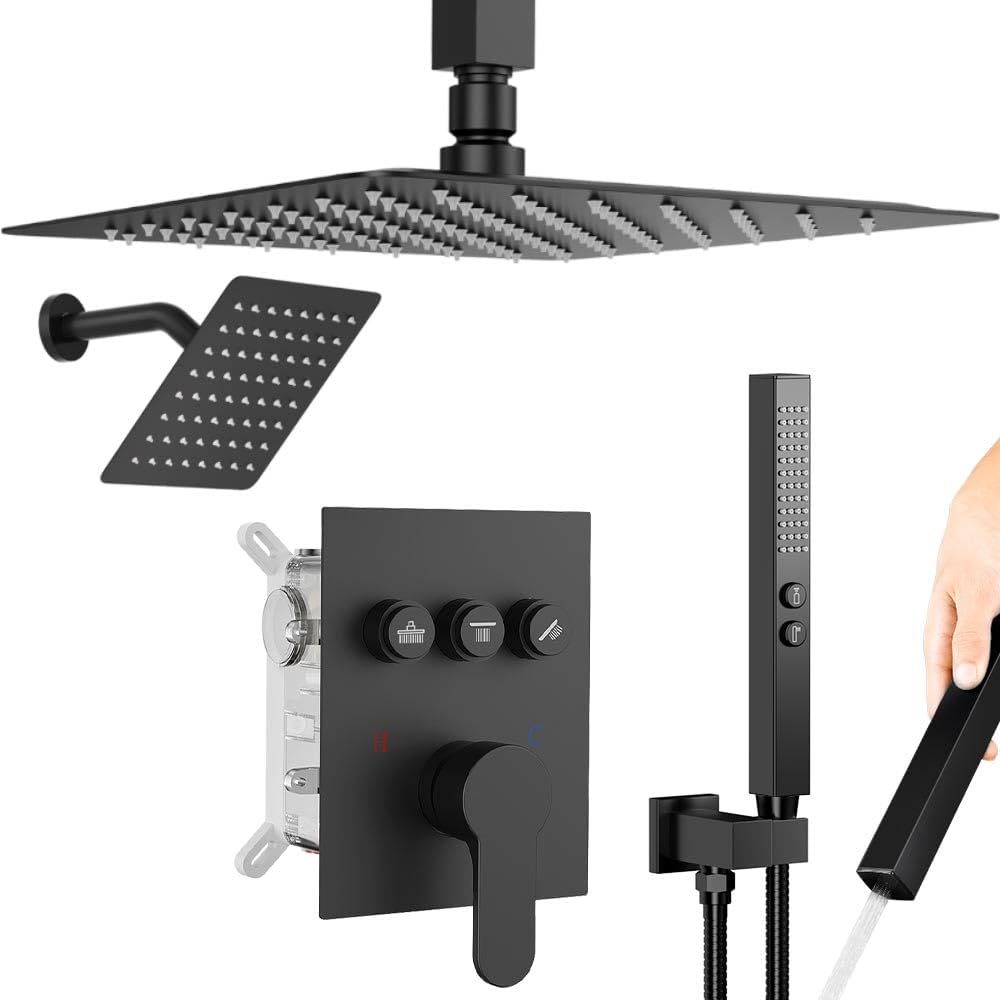 Shower Faucet Sets Shower System, 2 Head Shower System Rain Showerhead for Two People, Ceiling Mount Shower Fixtures with On Off Button Valve Body and Trim Kit Complete, 10+6" Matte Black