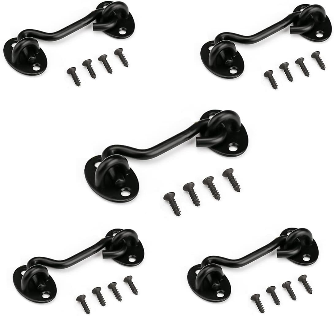 3” Barn Door Lock Gate Latch 5 Pack,Privacy Hook and Eye Latch, Easy Lock for Wooden Fence, Screen Door, Outdoor Fence, Black
