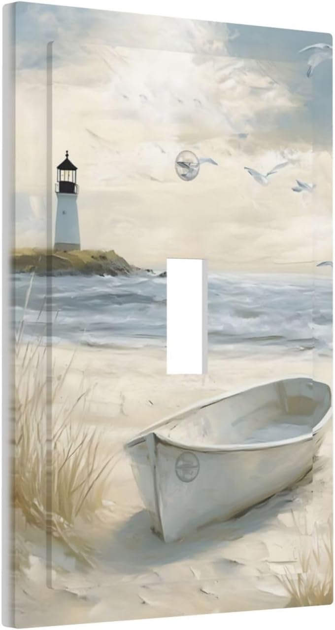 Decorative Light Switch Plate Covers Seascape Painting with Lighthouse Boats 1 Gang Wall Plate Unique Single Toggle Light Switch Covers Artistic Faceplate for Bedroom Decor（2 Pack）