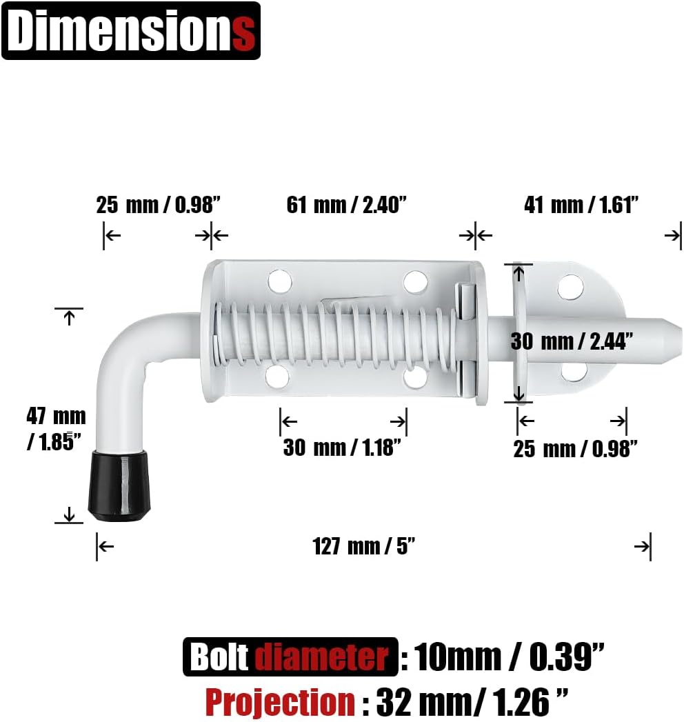 JQK Spring Loaded Latch Pin, 304 Stainless Steel Barrel Bolt Thickened 2mm Door Lock, 5 Inch Matte White Finished(2 Pack), HSB300-WH-P2