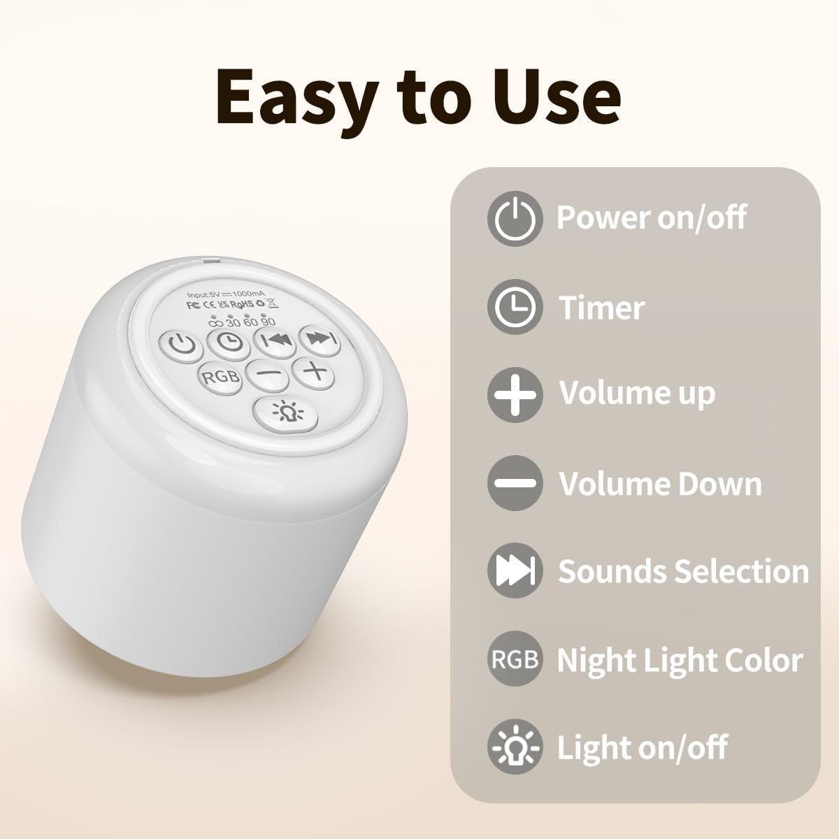 Portable White Noise Machine Mini Sound Machine with Light 30 Soothing Sounds Rechargeable for Adults Baby Kids Sleep Brown Noise Machine with Memory Function 4 Timers for Travel Camping Home Office