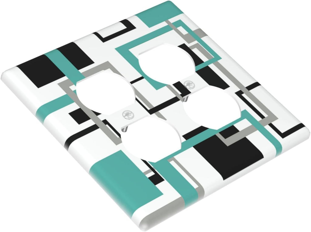 Geometric Turquoise Black Gray Modern Abstract Boho Outlet Covers 2 Gang Double Duplex Decorative Light Switch Covers Electrical Wallplates Socket Faceplate for Office Nursery Decor