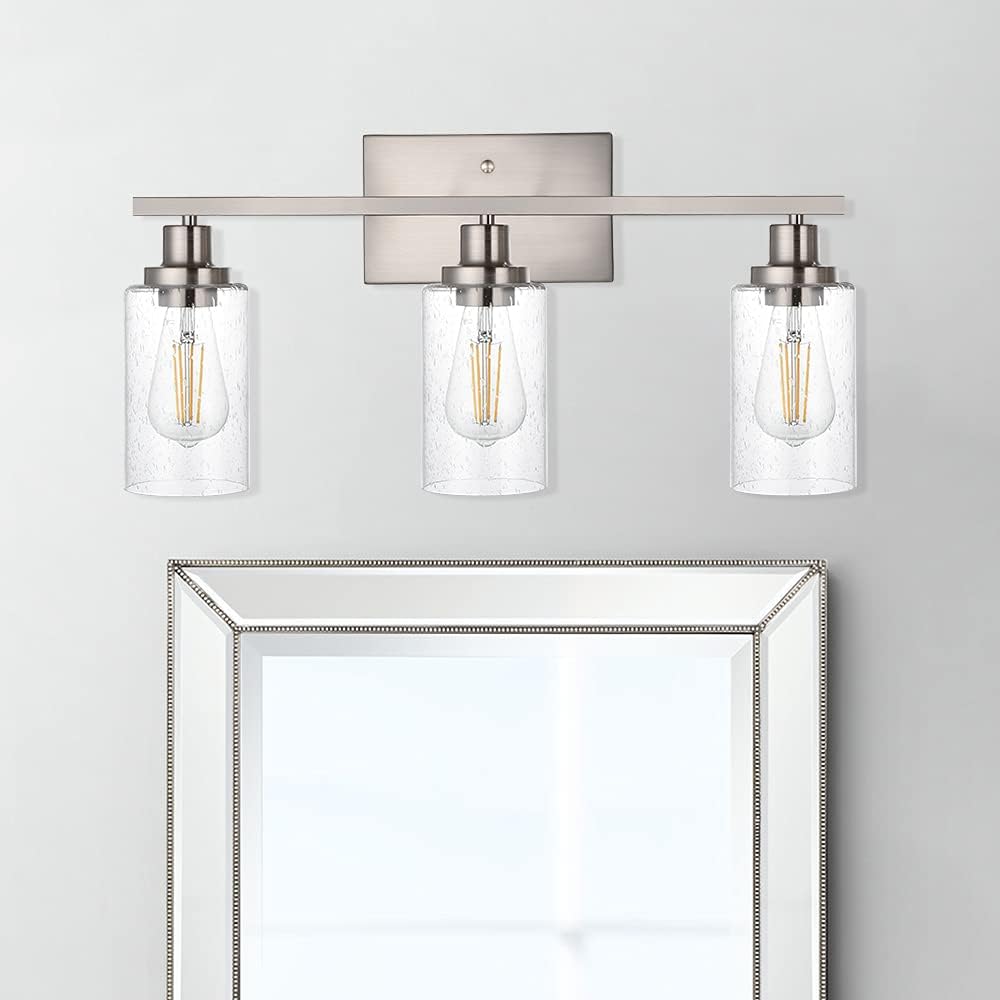 Bathroom Light Fixtures 3-Lights Seeded Glass in Brushed Nickel Finish, 23.6-Inches Vanity Lighting Bath Wall Mount Lamp for Kitchen Living Room Workshop