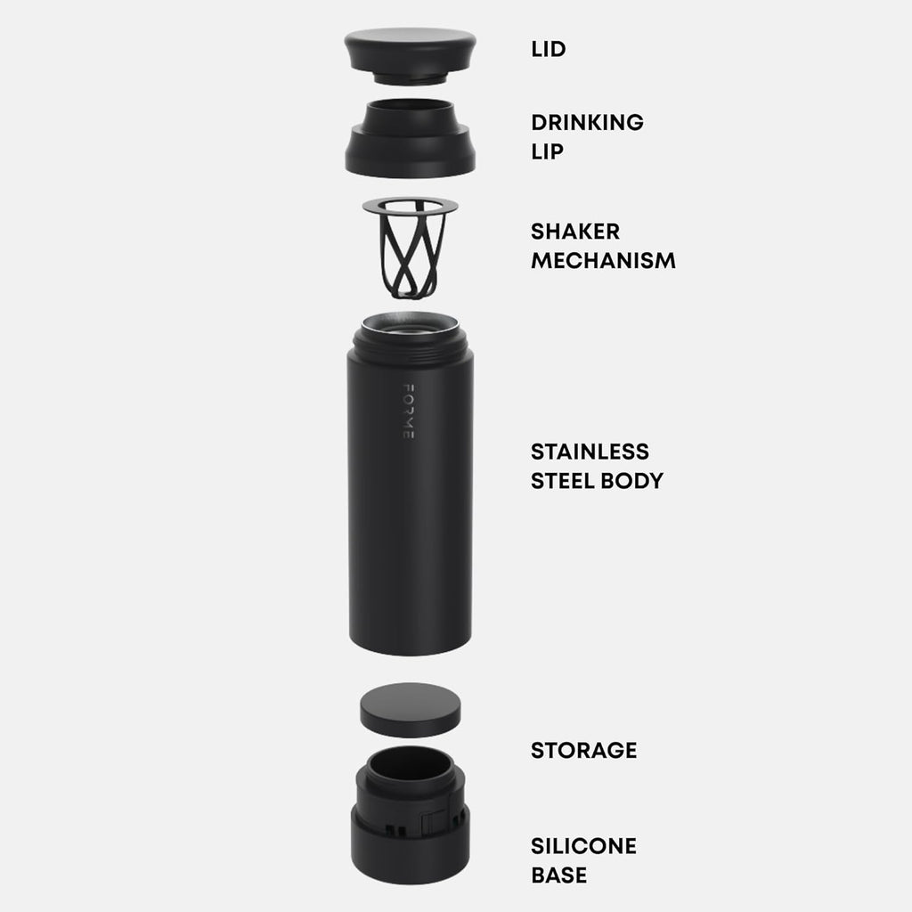 FORME - Blender Shaker Bottle, Leakproof Double Insulated Stainless Steel, Noiseless Shaker Bottle for Hot & Cold Drinks with Supplement Storage, Ideal for Protein & Shakes (Charcoal, 16.9 ounces)