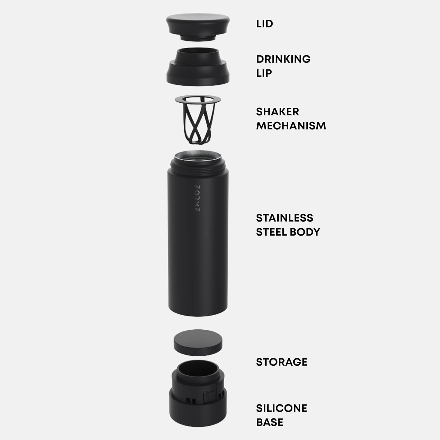 FORME - Blender Shaker Bottle, Leakproof Double Insulated Stainless Steel, Noiseless Shaker Bottle for Hot & Cold Drinks with Supplement Storage, Ideal for Protein & Shakes (Charcoal, 16.9 ounces)