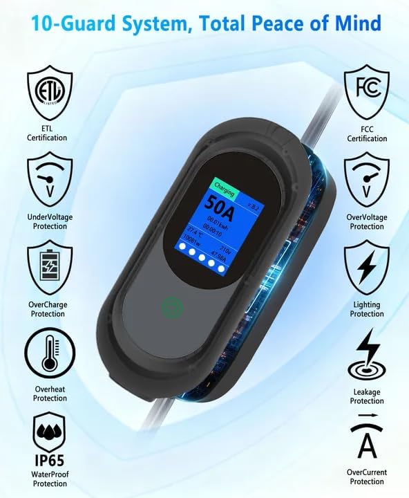 Level 2 EV Charger, 50 Amp, 240V, NEMA 14-50P Plug, 25FT Portable Electric Vehicle Charger for SAE J1772 Cars, Adjustable Current & Delay Timer, Fast Charging and Convenient for Home Use and Road Trip