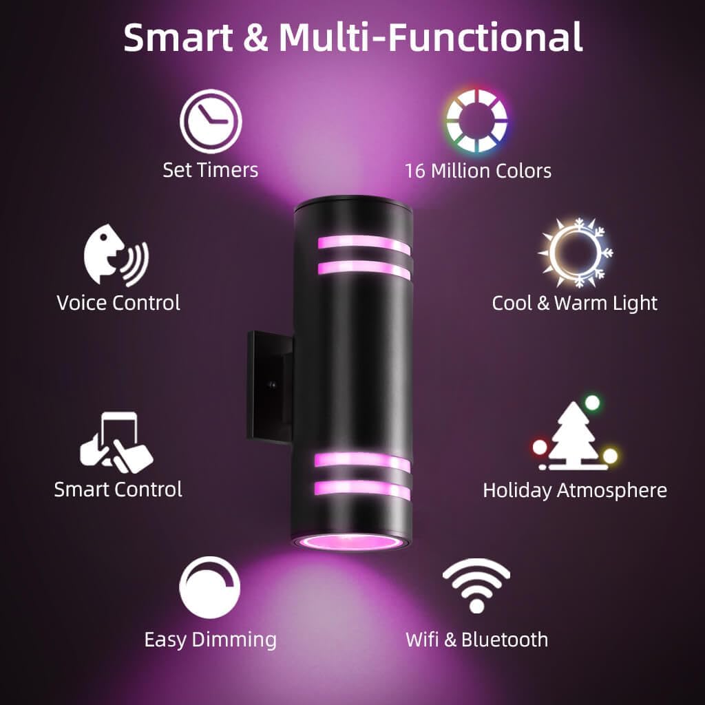 Smart Porch Lights Color Changing, RGB Outdoor Wall Lights with Remote Control Ambiance Up and Down Lights, Black Exterior Light Fixture Home Theater Lighting Compatible with Alexa Google Assistant