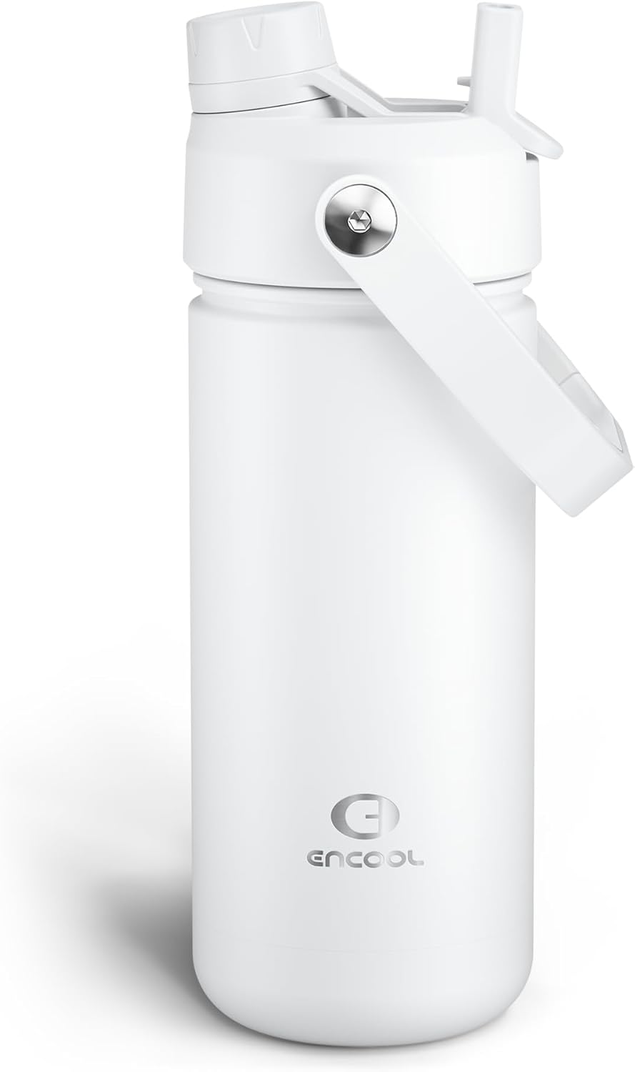 ENCOOL Insulated Water Bottle with Straw Stainless Steel Water Bottle, Leak-Proof, BPA-Free, Double Wall Vacuum Keeps Cold for 24 Hours for Sports, Travel, School (18 oz, Polar White)