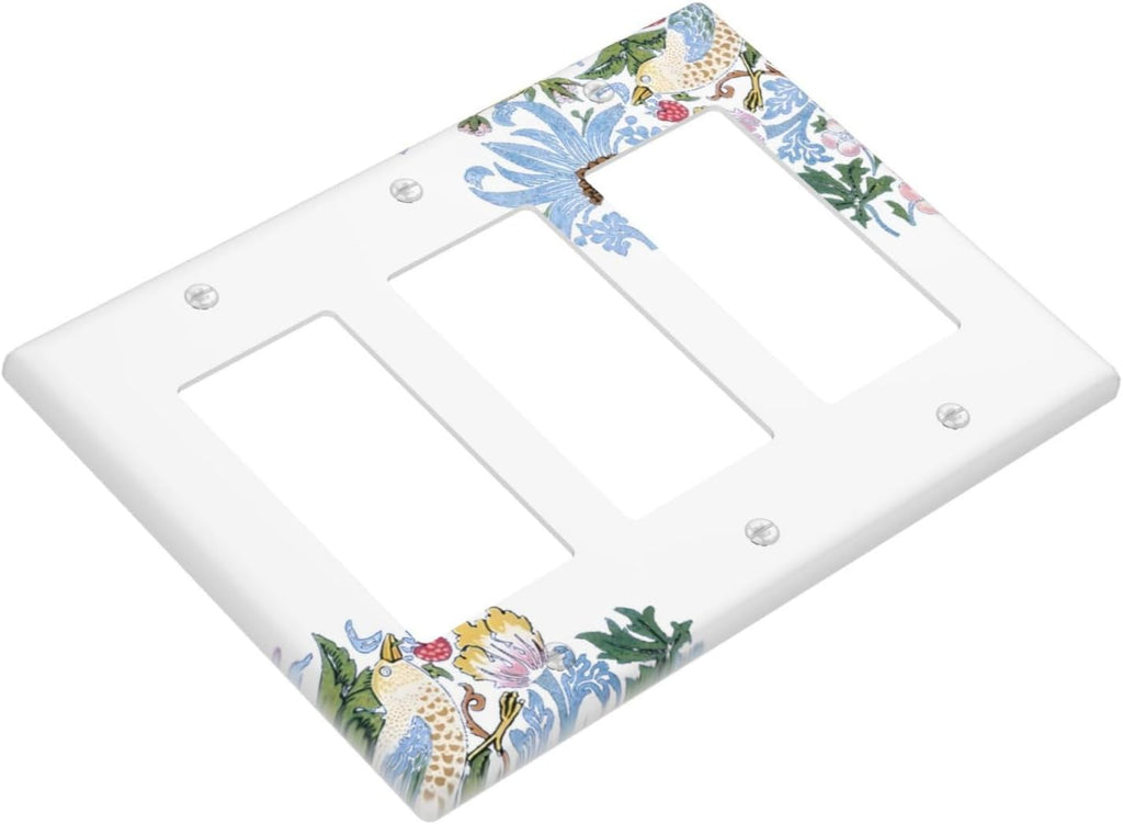Decorative Outlet Covers Retro Morris Strawberry Rustic Plant Bird 3 Gang Wall Plate Triple Rocker Light Switch Cover Plate Jumbo Electrical GFCI Faceplate for Bedroom Decor