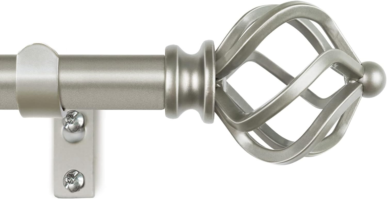 KAMANINA Silver Curtain Rods for Windows 48 to 84 Inch, Adjustable Single Curtain Rod 32 to 86 Inch(2.6-7.1ft), 3/4 Inch Splicing Drapery Rods with Twisted Cage Finial
